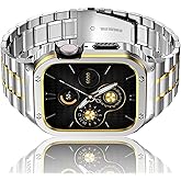 HASLFM Stainless Steel Watch Band with Case Compatible with Apple Watch Series 9 8 7(45mm),Metal Strap and Rugged Protective Cover for iWatch Bands Cases Men, Silver/Gold