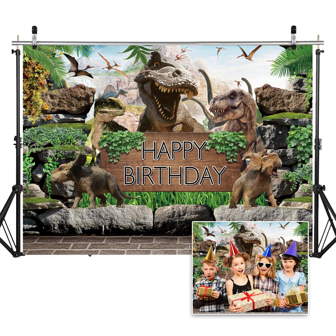 Photo 1 of DHXXSC 7X5FT Dinosaur Theme Backdrop Boy Kids Birthday Party Photography Background Jungle Park Baby Shower Cake Table Decoration Photo Birthday Party Supplies Banners DH-202 Green
