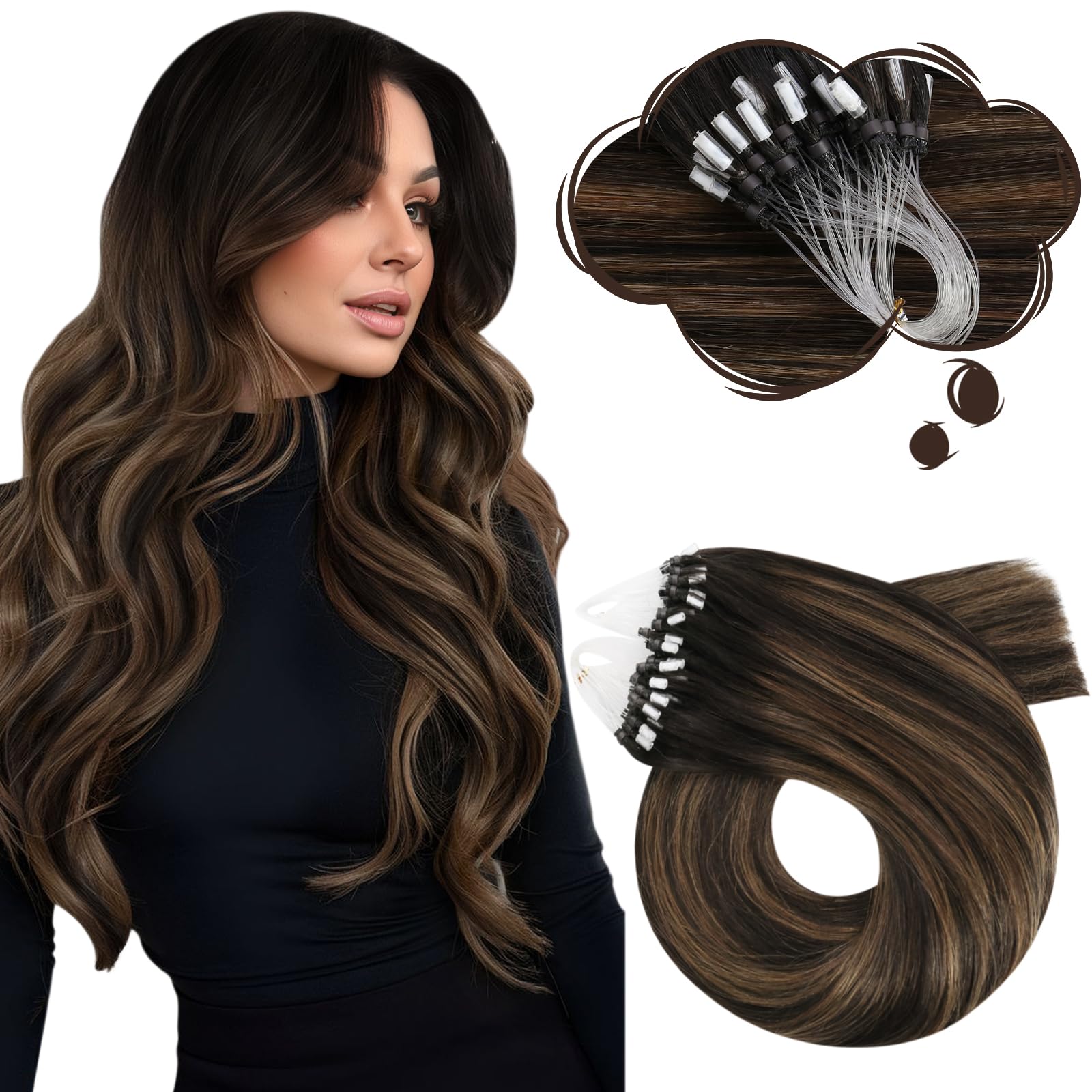 Moresoo Micro Loop Hair Extensions Real Human Hair 24 Inch Balayage Darkest Brown and Chestnut Brown Invisible Micro Beads Hair Extensions 1g/s 50g/Pack #2/6/2 — image 1