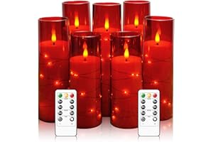 Eebuss Flameless Candles with Embedded Star String, Battery Operated LED Pillar Candles with Timer and Remote Control,Home Decorating for Ambiance， Set of 7 (Red)