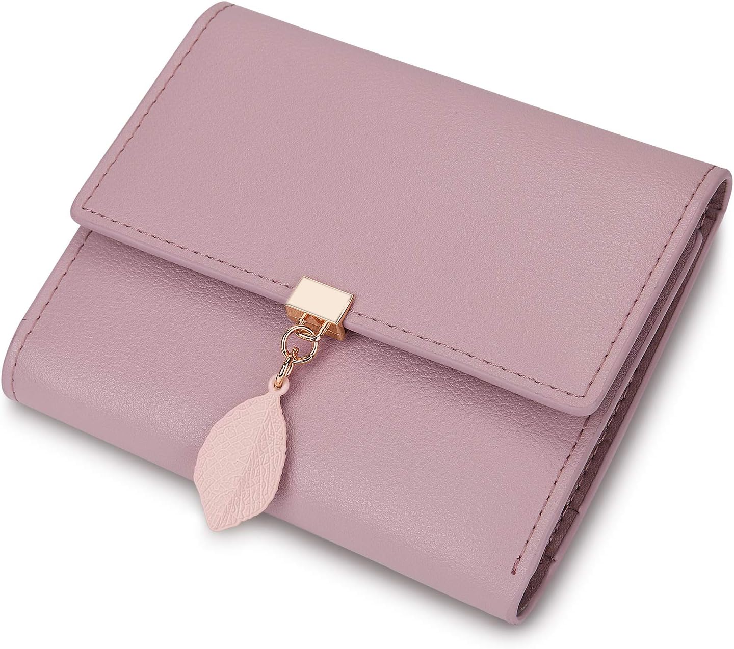 Small Wallet for Women RFID Blocking Genuine Leather Leaf Pendant Snap Card Holder Organizer Girls Zipper Coin Purse