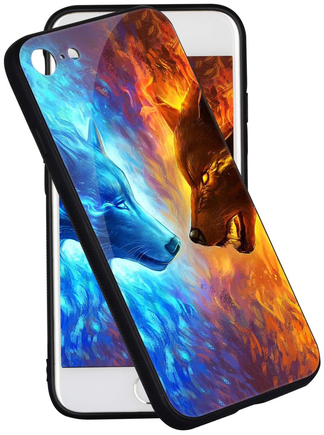 iPhone 8 Case iPhone 7 Case Pricetail Anti-Drop TPU Bumper Hard PC Scratch-Proof Tempered Glass Protector Cover Fit iPhone 8 Cases iPhone 7 Cases for Girls Boys Ice Wolf VS Fire Wolf