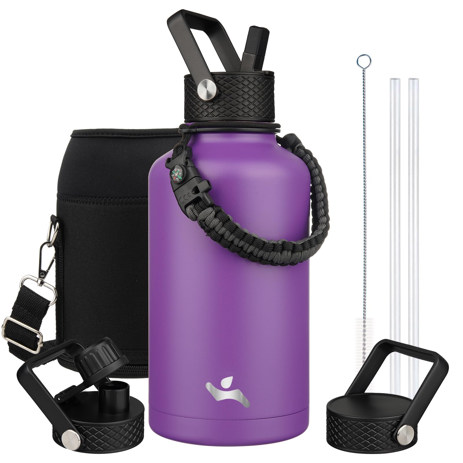 Konokyo Half Gallon Insulated Water Bottle with Straw,64 oz 3 Lids Water Jug with Carrying Bag,Paracord Handle,Double Wall Vacuum Stainless Steel Metal Flask,Purple Image
