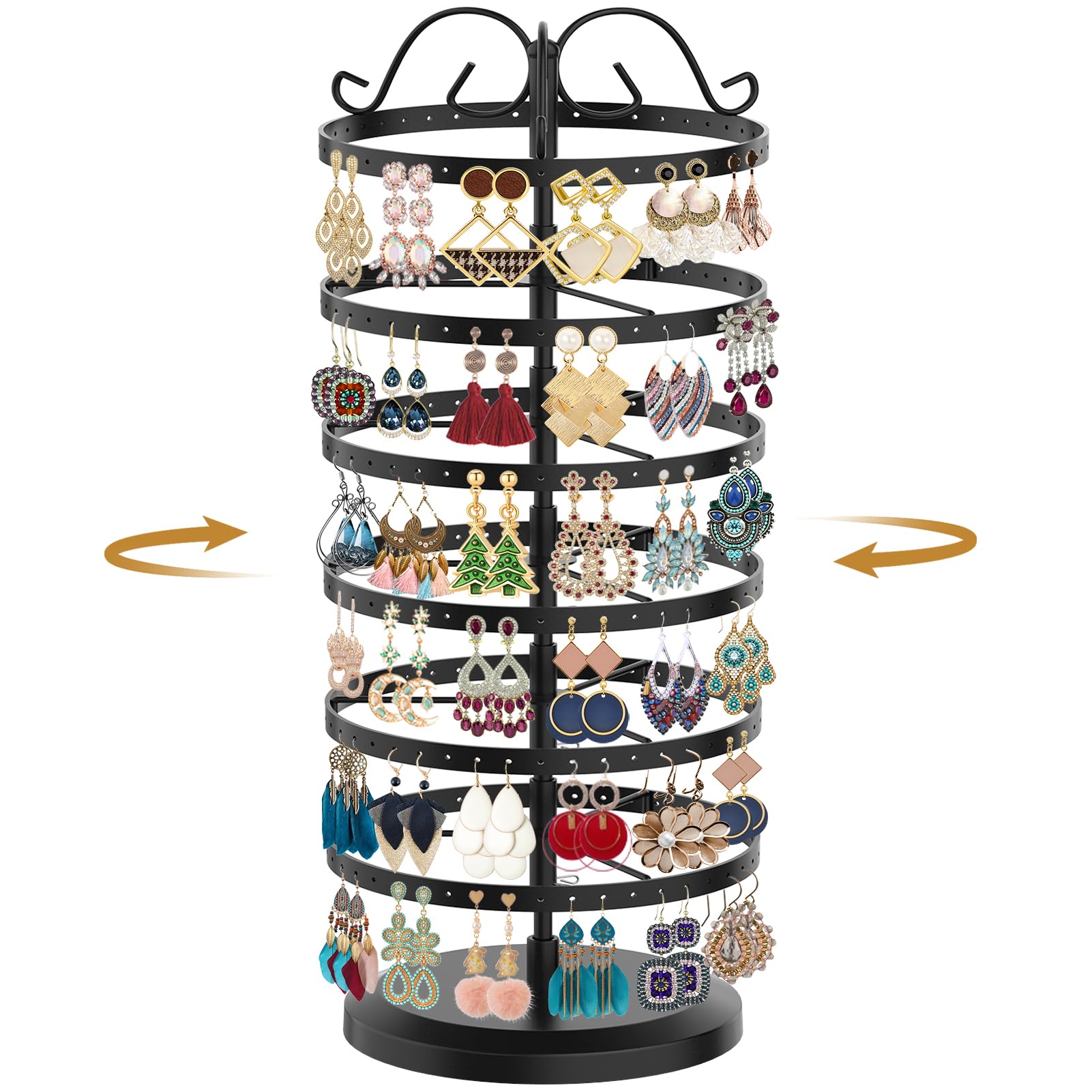TANOSAN Rotating Earring Holder Organizer Stand, 6 Tier Large Capacity Jewelry Display Tree for Women Vendors, 264 Holes Adjustable Metal Rack for Stud Hoop Dangle Storage, Spin for Easy Access, Black