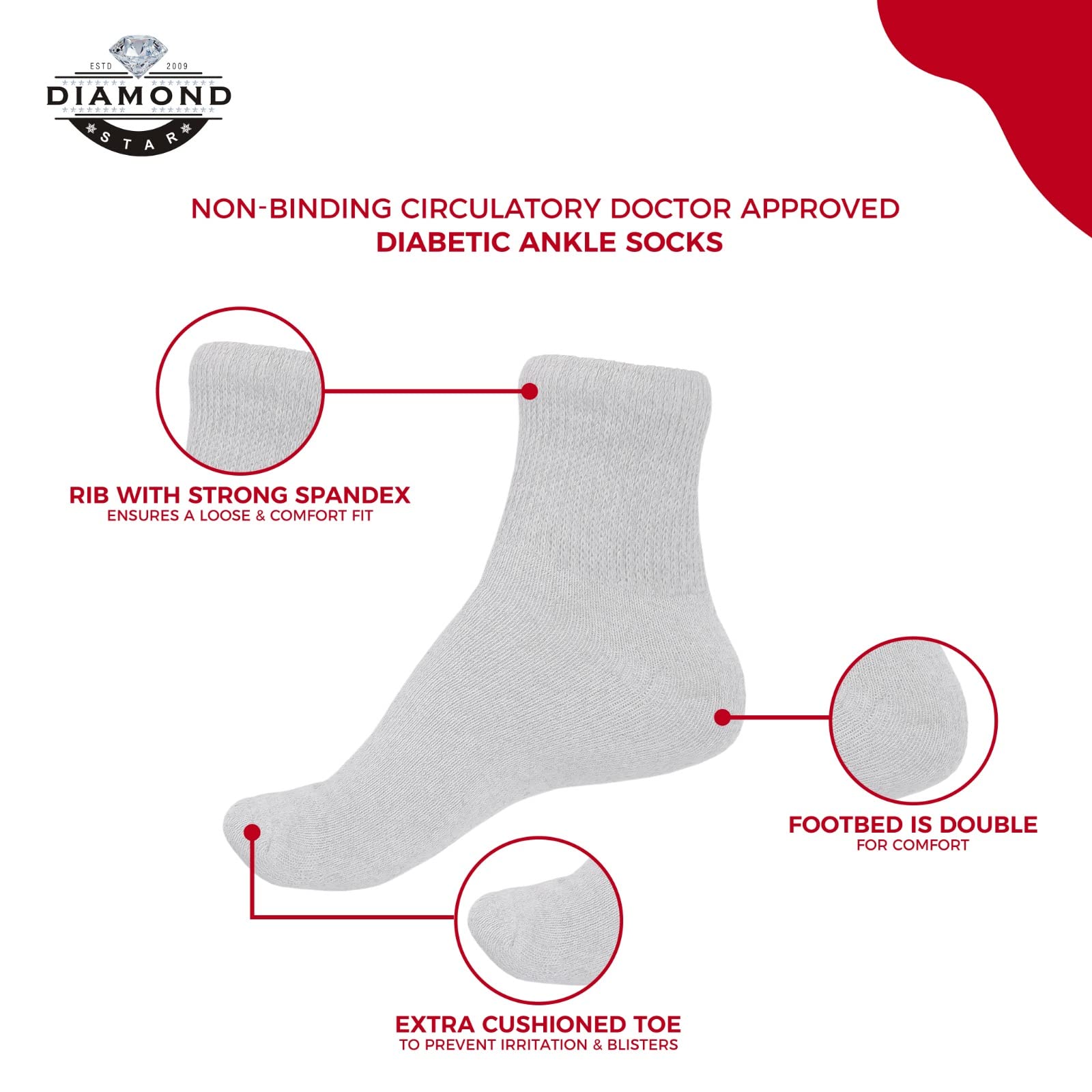 Diabetic Ankle Socks for Men & Women, Non-Binding Cotton Socks with Cushioned Sole, Soft & Breathable, 3/6/12 Pack
