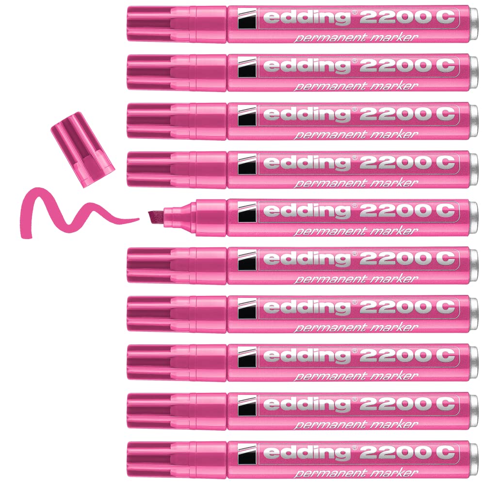 edding 2200 C permanent marker - pink - box of 10 - chisel tip 1-5 mm - quick-drying permanent marker pen - waterproof, smudge-proof - for cardboard, plastic, wood, metal, fabric