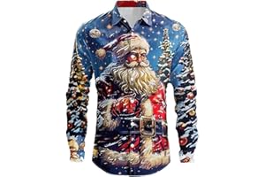 Christmas Shirts for Men Long Sleeve Button Down Dress Shirt Novelty 3D Reindeer Hawaiian Tops Xmas Holiday Party Clothes