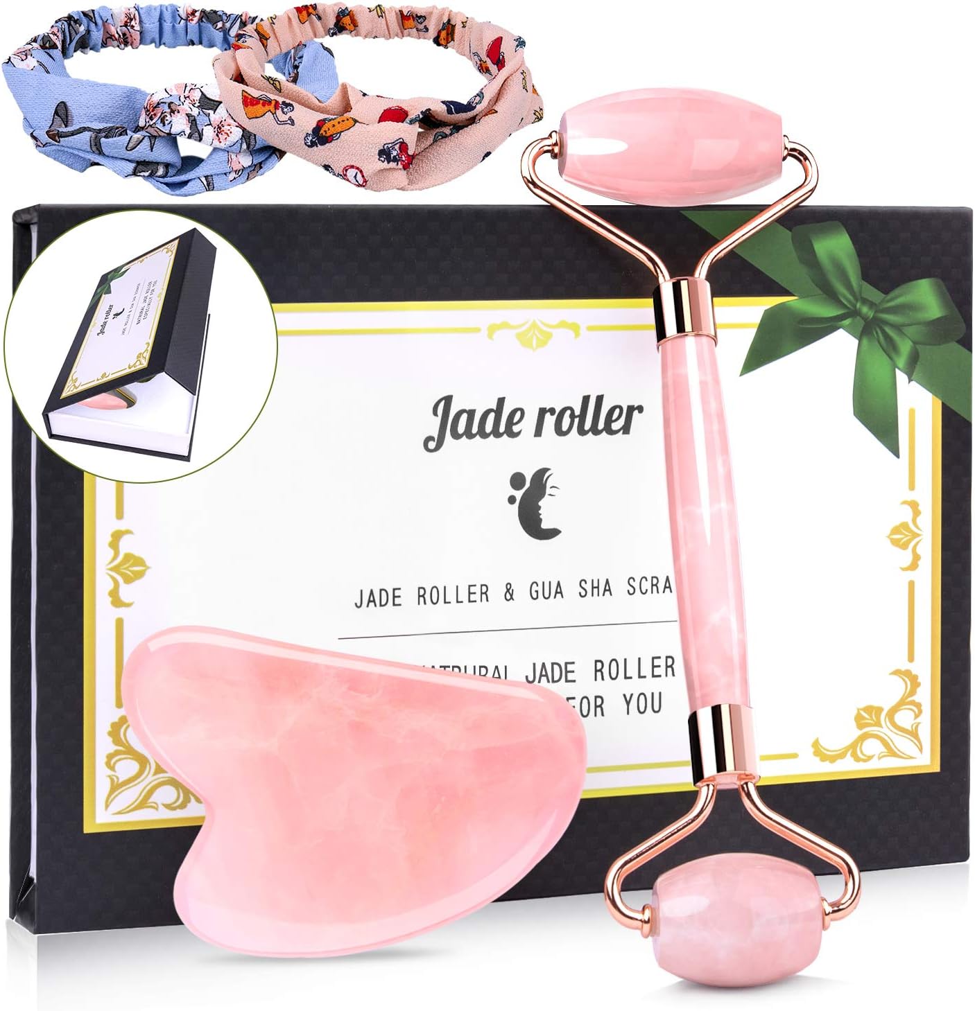 Original Jade Roller and Gua Sha Scraping Massage Tool, Inpher Natural Rose Quartz Face Roller For Slimming, Firming, Wrinkles and Anti Aging,with Headbands 2pcs Random Color