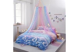 NATTEY Rainbow Bed Canopy with Lights for Girls, Canopy for Girls Room Bed Netting for Twin Single Full Queen Size Bed,Reading Corners Room Decor for Girls