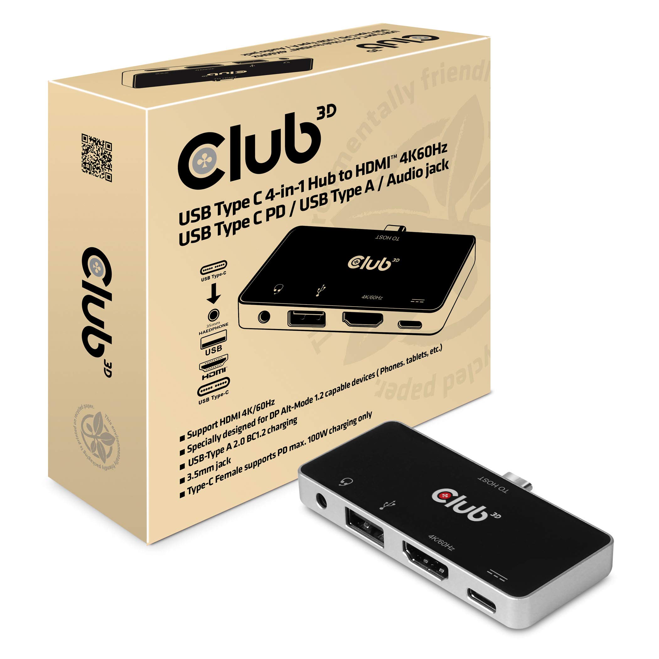 Club 3D compatible USB Typ C 4-in-1 Hub auf HDMI™ 4K60Hz USB Typ C PD/USB Typ A/Audio Buchse — image 1