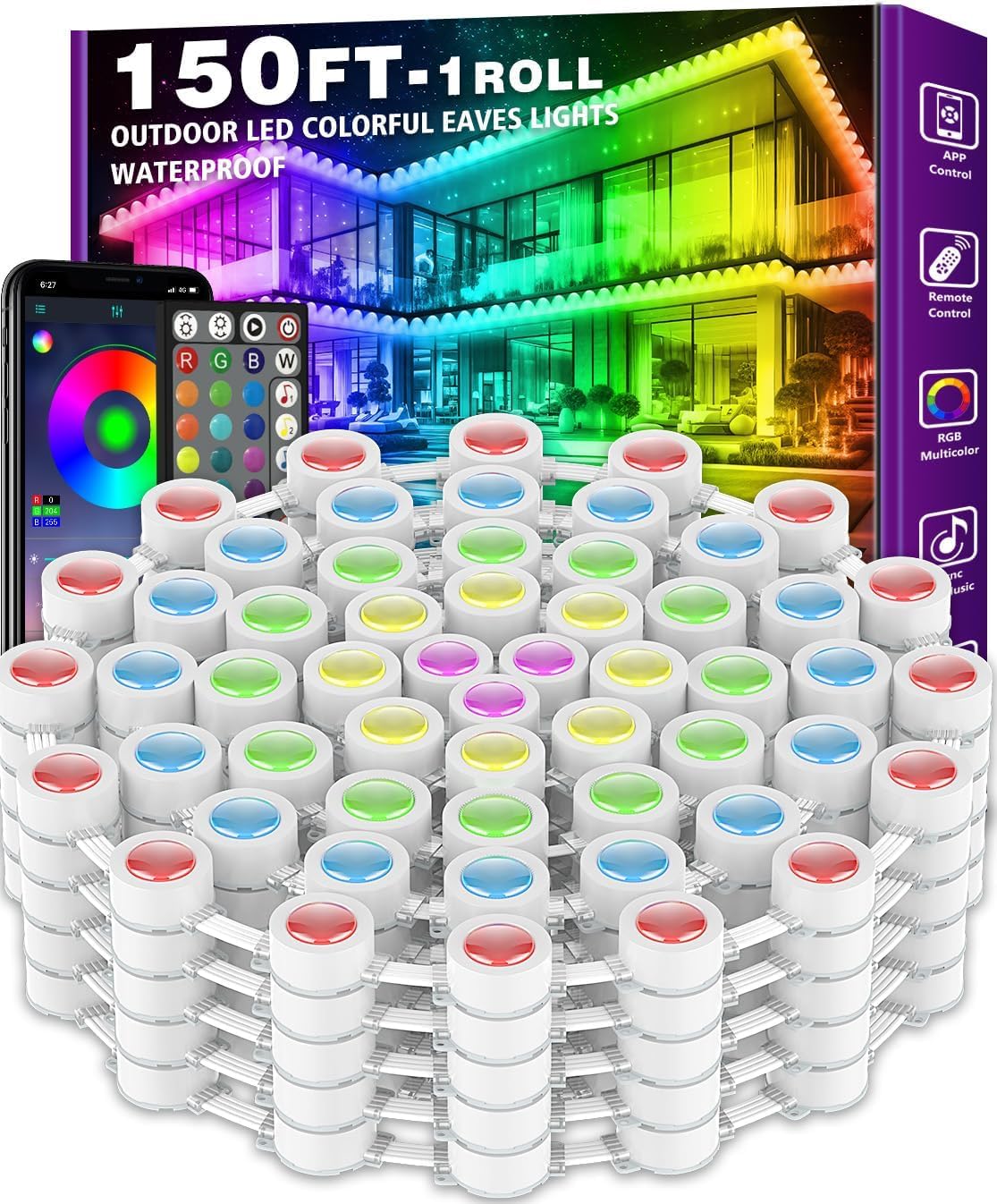 Photo 1 of 150FT Permanent Outdoor RGB Lights - IP67 Waterproof with Smart App Control Remote, DIY Scene Modes, Music Synchronization, Eaves Lights For Garden Decor, Deck, Christmas, Party, Party, Halloween,Roof