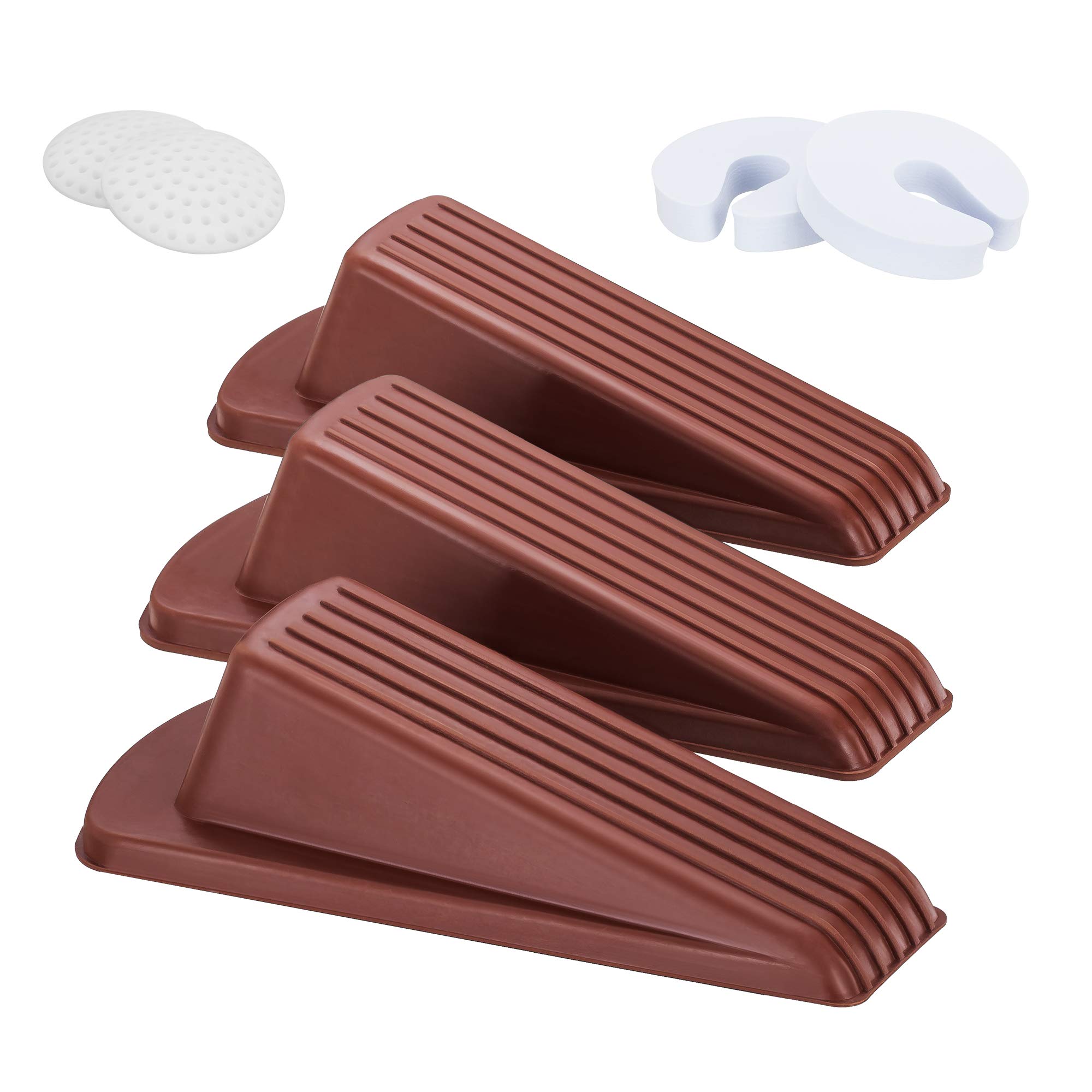 Door Stopper Set Heavy Duty Door Stop Wedge Rubber with 2 Pcs Finger Pinch Guard + 2 Pcs Self-Adhesive Door Knob Wall Protector Work On All Floor Surface