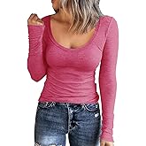 Roselux Women Long Sleeve Scoop Neck Ribbed Fitted Knit Shirt Basic T-Shirts