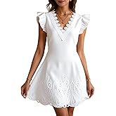 winkbay Women's Summer Eyelet Embroidery Lace Dress Cute Ruffle Sleeve V Neck Mini Dresses