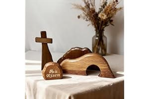 Jxueych Solid Wood Resurrection Scene Easter Decoration – Handcrafted Christian Religious Ornament with Cross, Tomb & He is R