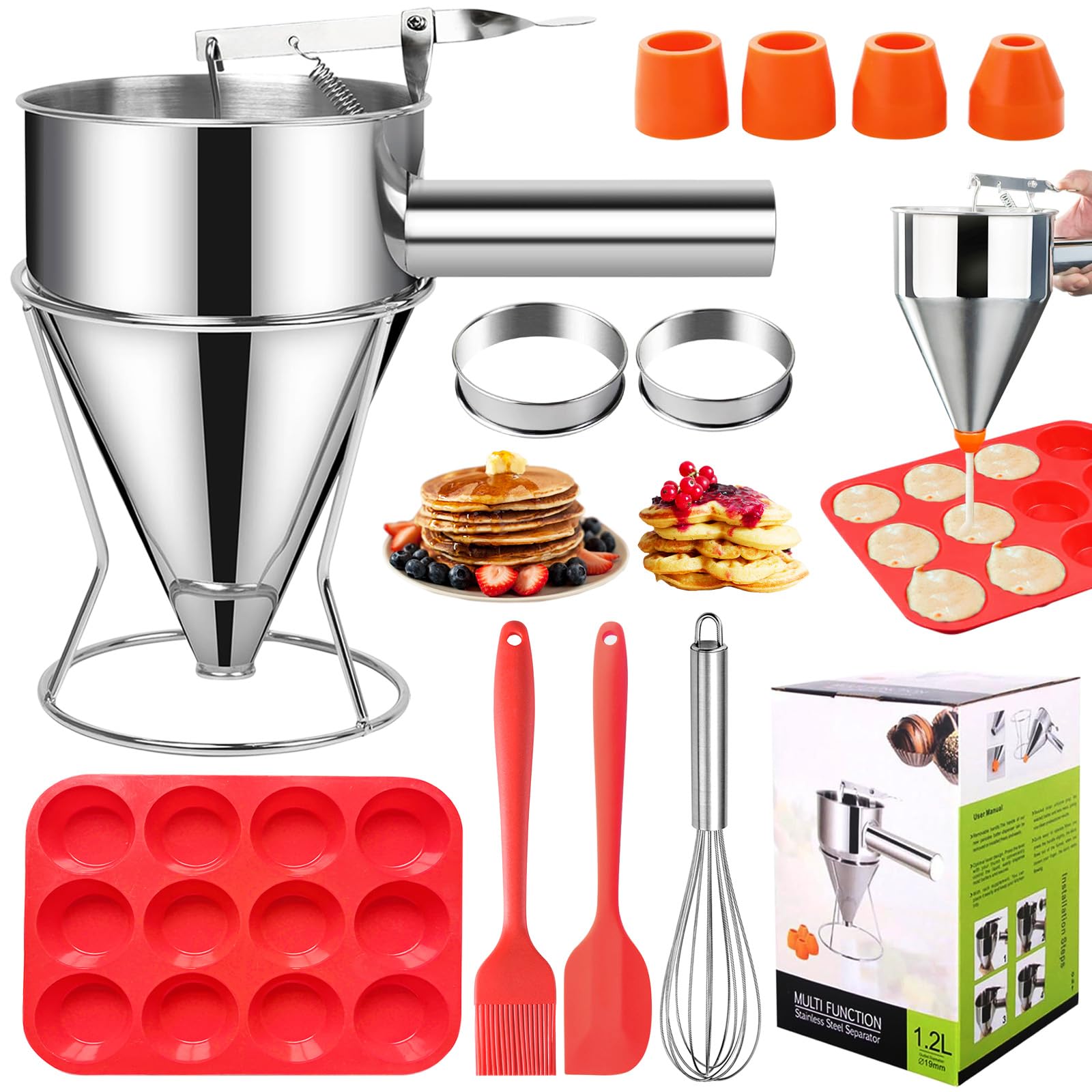 Photo 1 of 40oz Pancake Batter Dispenser, Stainless Steel Funnel Cake Dispenser with 4 Silicone Nozzles, 2 Muffin Rings, Silicone Muffin Pan, Brush, Scraper, Egg Beater, Great for Cupcakes and Baked Goods