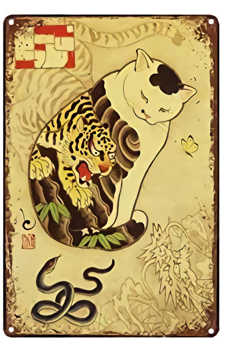 Lenrius Vintage Japanese Ninja Samurai Cat Tattoo Metal Tin Sign 8x12 Inch Home Kitchen Wall Retro Poster Plaque Mural Bar Pub Decor 07