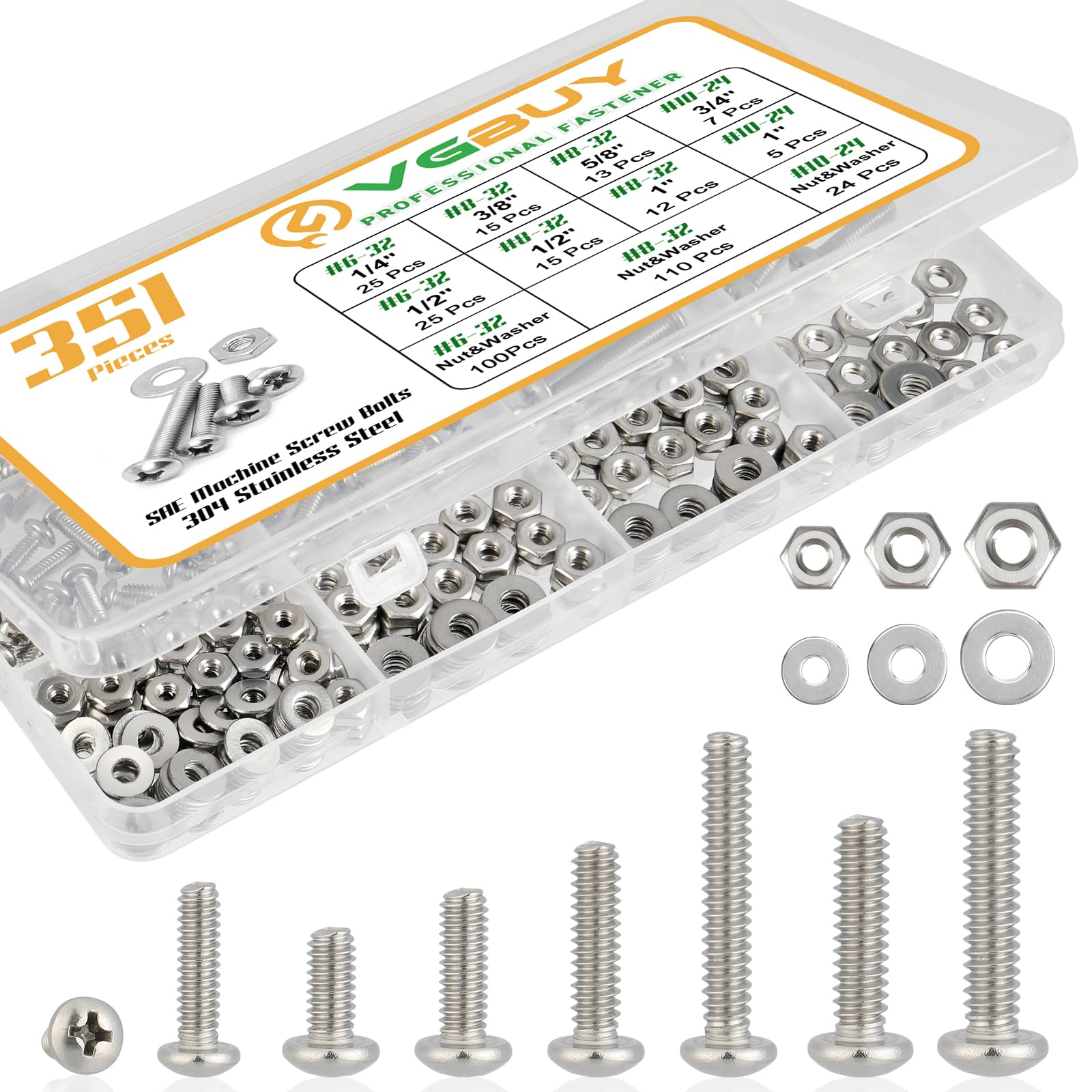 VGBUY 351Pcs Machine Screws Nuts and 351PCS #6 #8 #10, stainless