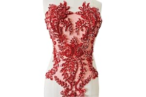 PLUNE Handmade Shiny Rhinestones Applique handsewing Beaded Sequins Crystal on lace Trim Patches for Prom Dress Clothing Decorative Accessories (Red)