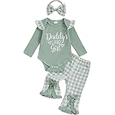 Ursobutegl Newborn Baby Girls Outfits Daddy's Little Girl Romper Jumpsuit Bodysuit Plaid Flare Pants Set Fall Winter Clothes