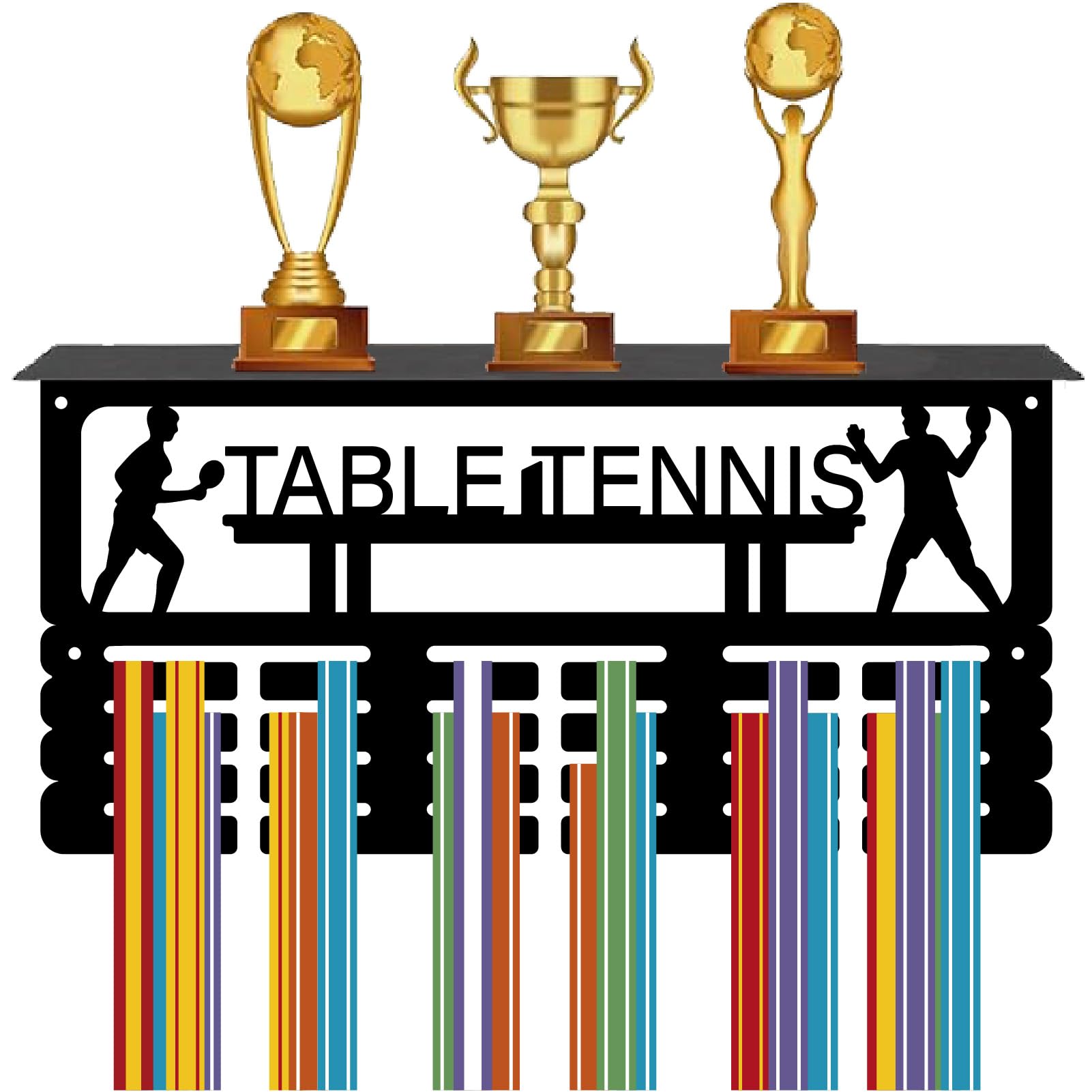 CREATCABIN Table Tennis Medal Holder With Trophy Shelf Medal Hanger Rack Display Wall Mounted Hanging Awards 4 Rows Hold 70+ Medals Gift for Table Tennis Race Winner Player 15.7x7.9 Inch Black