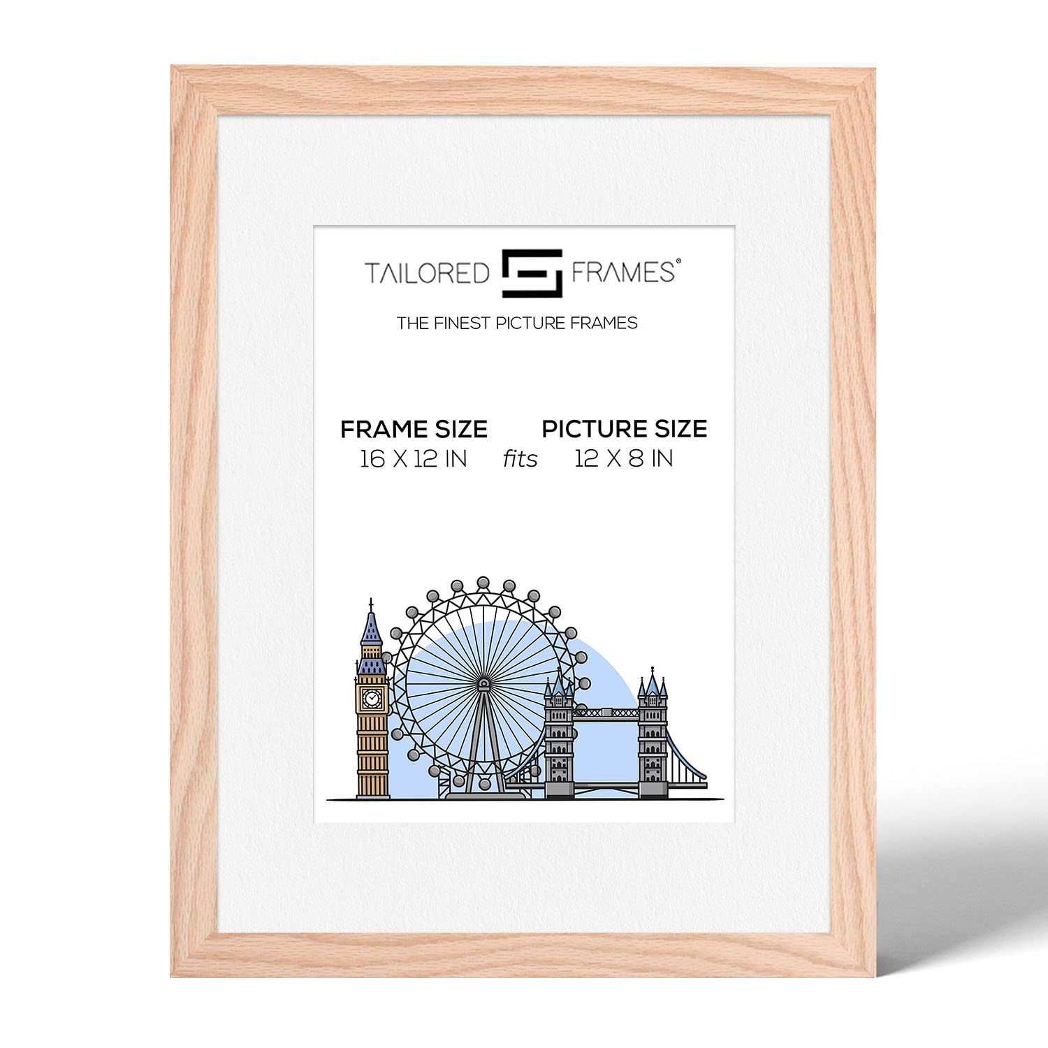 Tailored Frames 99 Solid Natural Oak 16" x 12" Frame for 12" x 8" Picture | Single Picture Frames | Wall Hanging Type | Photo Frame with White Mount