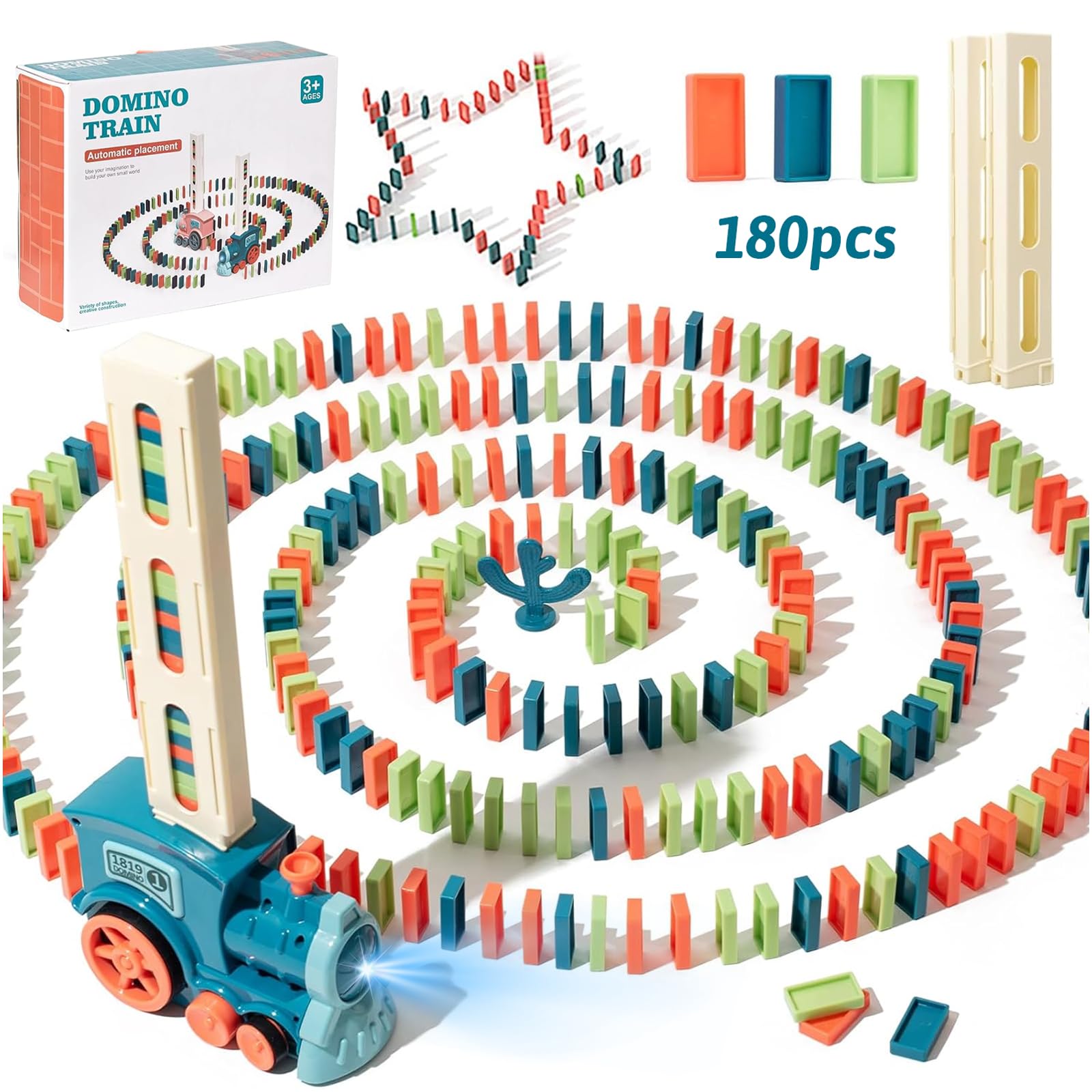 71Nmly Domino Train Toy Set with 180PCS Building Domino Blocks Automatic Domino Laying Electric Train with Sound Kids Educational Construction and Stacking Toys for 3+ Year Old Boys Girls