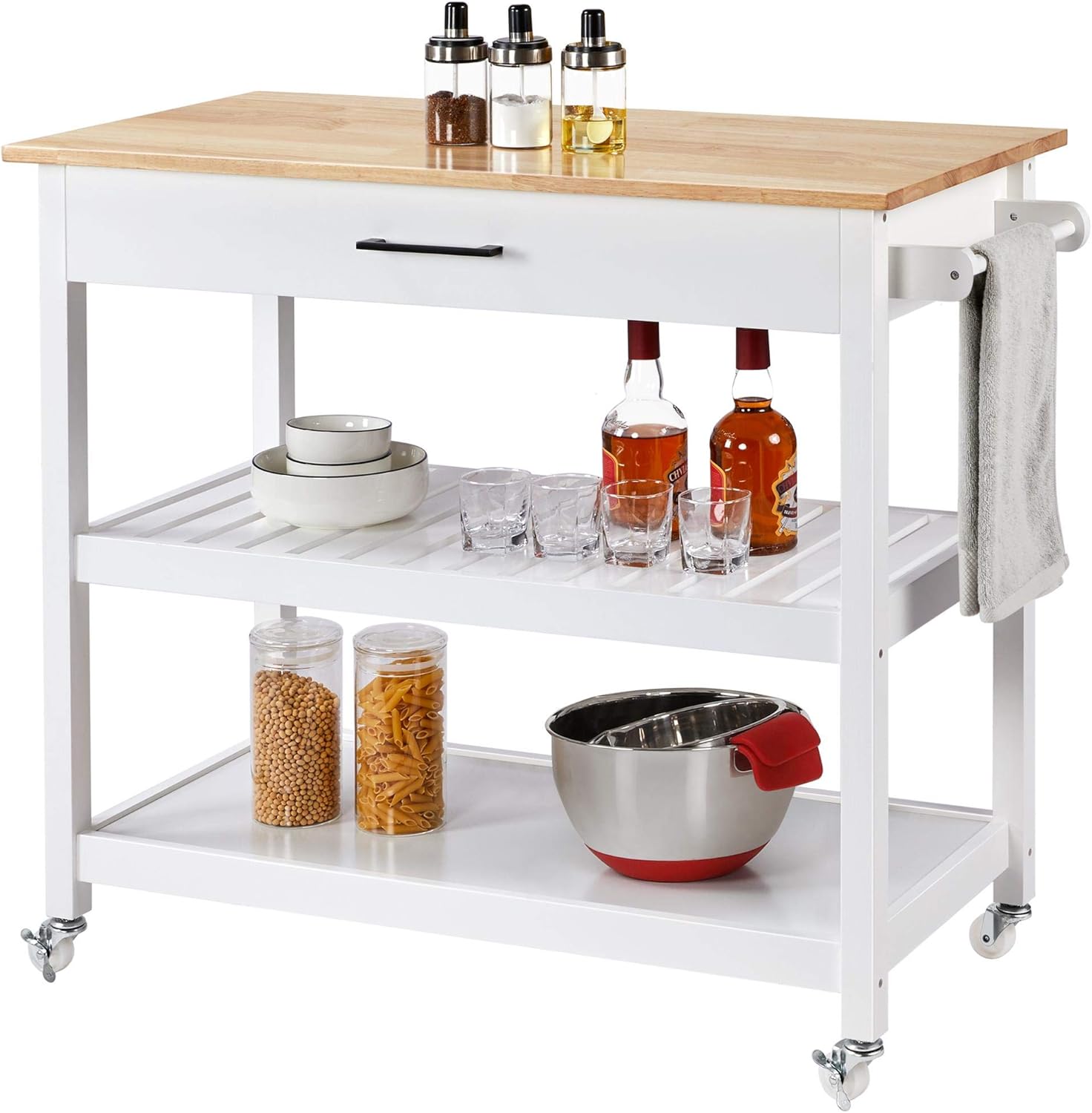 YAHEETECH Kitchen Island with Wheels, 3 Tier Rolling Kitchen Cart with 1 Drawer and 2 Spacious Storage Shelf Solid Wood Countertop, White - Kitchen Islands & Carts