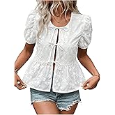 SweatyRocks Women's Tie Front Blouses Ruffle Crewneck Short Puff Sleeve Shirts Tops