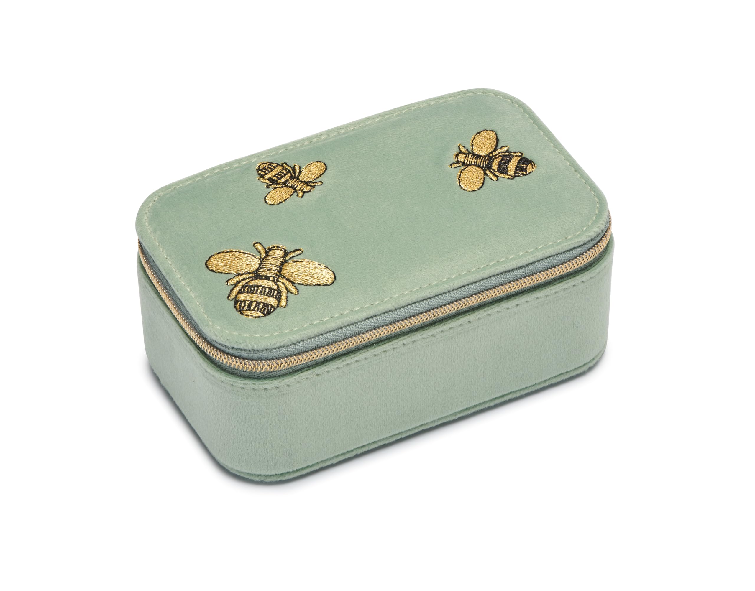 Estella Bartlett Scattered Bees Velvet Mini Green Jewellery Box – Travel Jewellery Case for Women, Compact Zip Storage Organiser for Rings, Earrings & Necklaces, Gift for Her