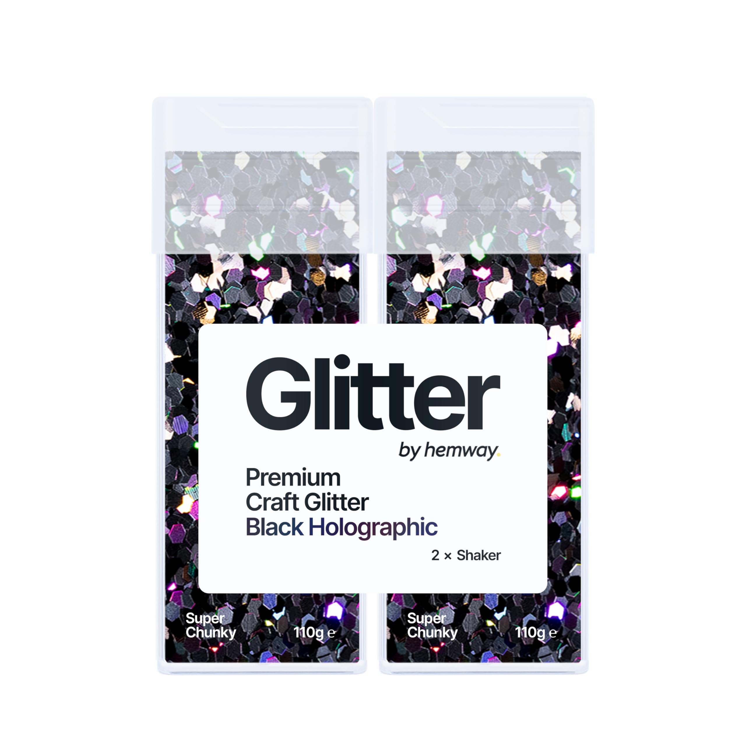 Hemway Glitter Shaker Black Holographic 110g x2 Pack Super Chunky, Craft Glitter Shakers for Resin & Epoxy Crafts, Christmas Art Supplies, Nail, Body, Face, Eye, Festival, Crafting, Slime, Sparkle