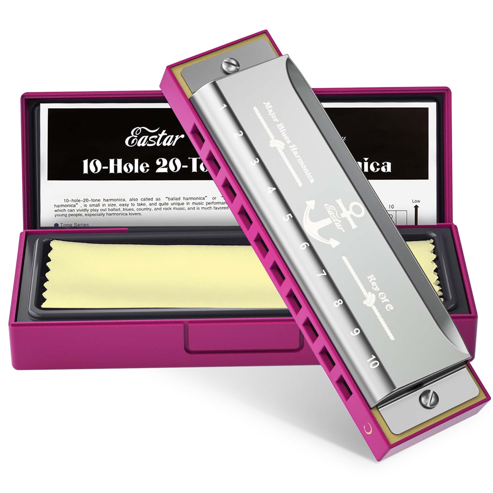 Eastar Major Blues Diatonic Harmonica 10 Holes C Key Mouth Organ for Kids Adults Beginners with Hard Case and Cleaning Cloth, Pink