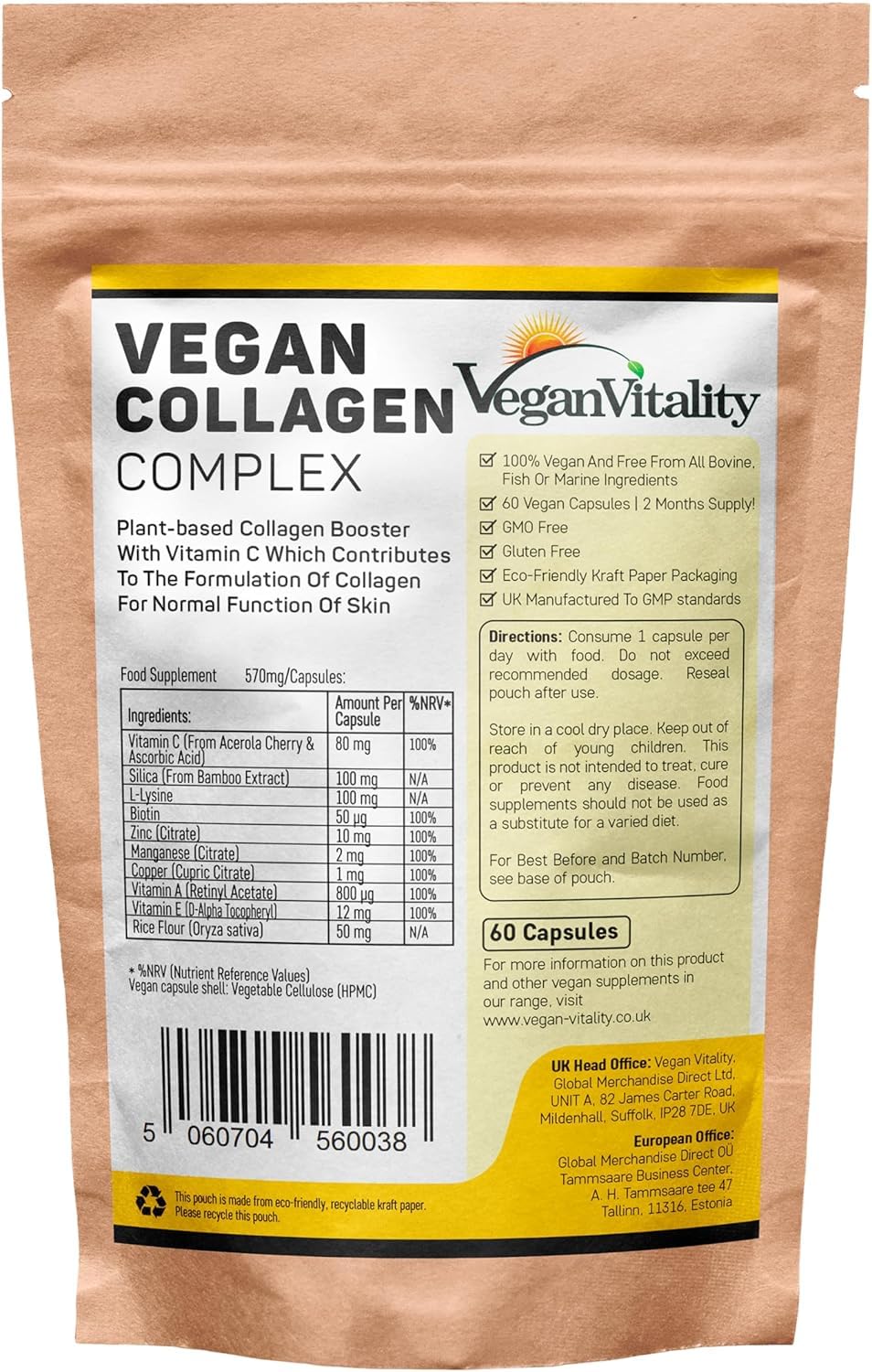 Vegan Collagen with Biotin, Lysine, Bamboo Silica, Zinc, Vitamin C, E & A. Absolute Collagen Supplements for Women 2 Months Supply. for Hair, Nails, Joints & Bones. Vegan Vitality Collagen Peptides.