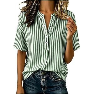 QUNPIU Women's Striped Tops Half Sleeve Henley Shirts Button Up Summer Outfits Fashion Clothing Casual Loose Fit Blouses