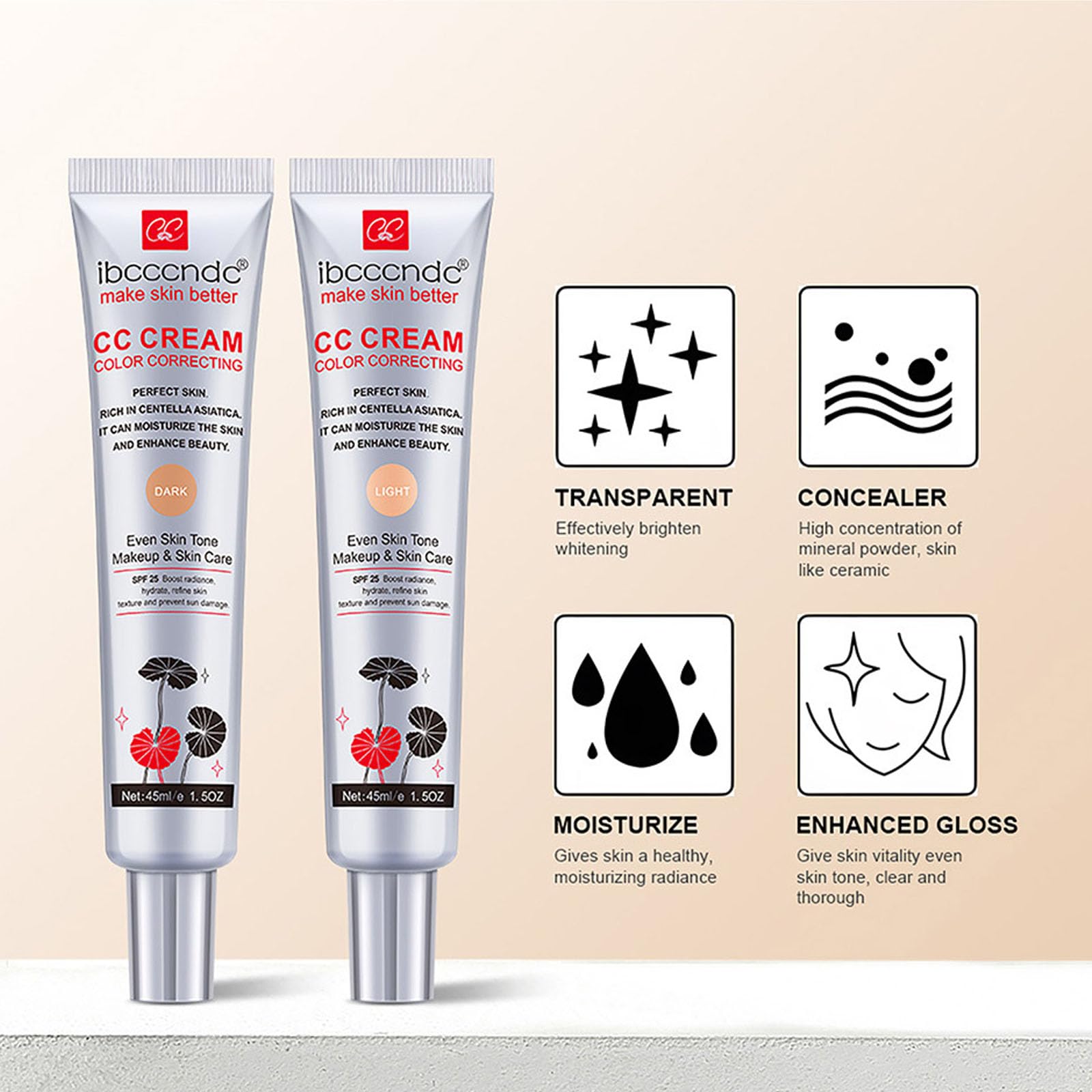 New Irven Color Correcting CC Cream,Hydrating CC Cream Foundation with Centella Asiatica Multi-Purpose Pre-makeup Primer Moisturizing Facial Concealer Sunscreen Full-Coverage CC Cream with SPF 25 (02)
