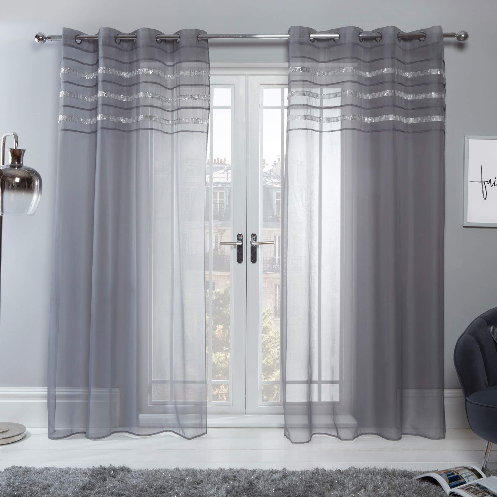 Sienna Voile Net Curtains for Windows Latina Diamante Band Eyelet Ring Top Sheer Curtains for Living Room Bedroom Soft Luxury Charcoal Grey Net Curtain 2 Panel, 55" x 87"