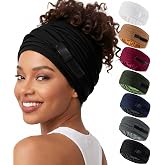 Satin Lined Open Turban Headband Stretch Workout Head Wrap, Black | Anti-Frizz Adjustable Non Slip Wide Hair Band for Locs Braids, Unisex Sport Sweatband for Running Fitness Yoga Daily Wear