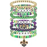 Smilelife Mardi Gras Beaded Bracelet for Women Purple Green Gold Beaded Mask Fleur De Lis Dangle Charm Bracelets Carnival Holiday Accessory