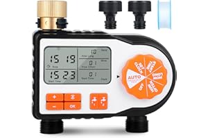 Watering Timer, 2 Outlet Sprinkler Timer for Garden Hose Faucet, Independent Programmable Manual/Automatic Irrigation System 
