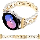REALSIGN 20MM Pearl Beaded Watch Band Compatible with Samsung Galaxy Watch 7 6 5 4 40/44mm,Watch 4 Classic 42/46mm,Watch 3 41mm,Active 2 Jewelry Wristband Stylish Link Chain Pretty Strap for Women