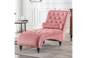 ONPNO Tufted Velvet Chaise Lounge Indoor, Leisure Accent Chair Upholstered Couch with Toss Pillow for Bedrooom Living（Pink）