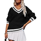 InterNos Women's Casual V Neck Long Sleeve Sweater Trendy Striped Pullover Cable Knit Preppy Sweaters