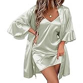 Ekouaer Women's Silk Robe Set V-neck 2 Piece Bridal Party Robes and Satin Bathrobe Set with Pockets