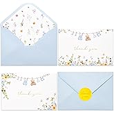 Crisky Baby Shower Blue Gold Thank You Cards (50 Pack) with Envelopes & Stickers Boy Baby Shower Greeting Cards Bulk, Watercolor Delicate Wildflower for Baby Shower Party