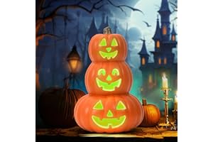 ILLUMINEW Halloween Pumpkin Figurine Plastic Jack-O-Lantern, LED 3 Layers Pumpkin Tower with Multiple Expression Designs, 10 Inch Lighted Pumpkin Decorations for Home Outdoor Party