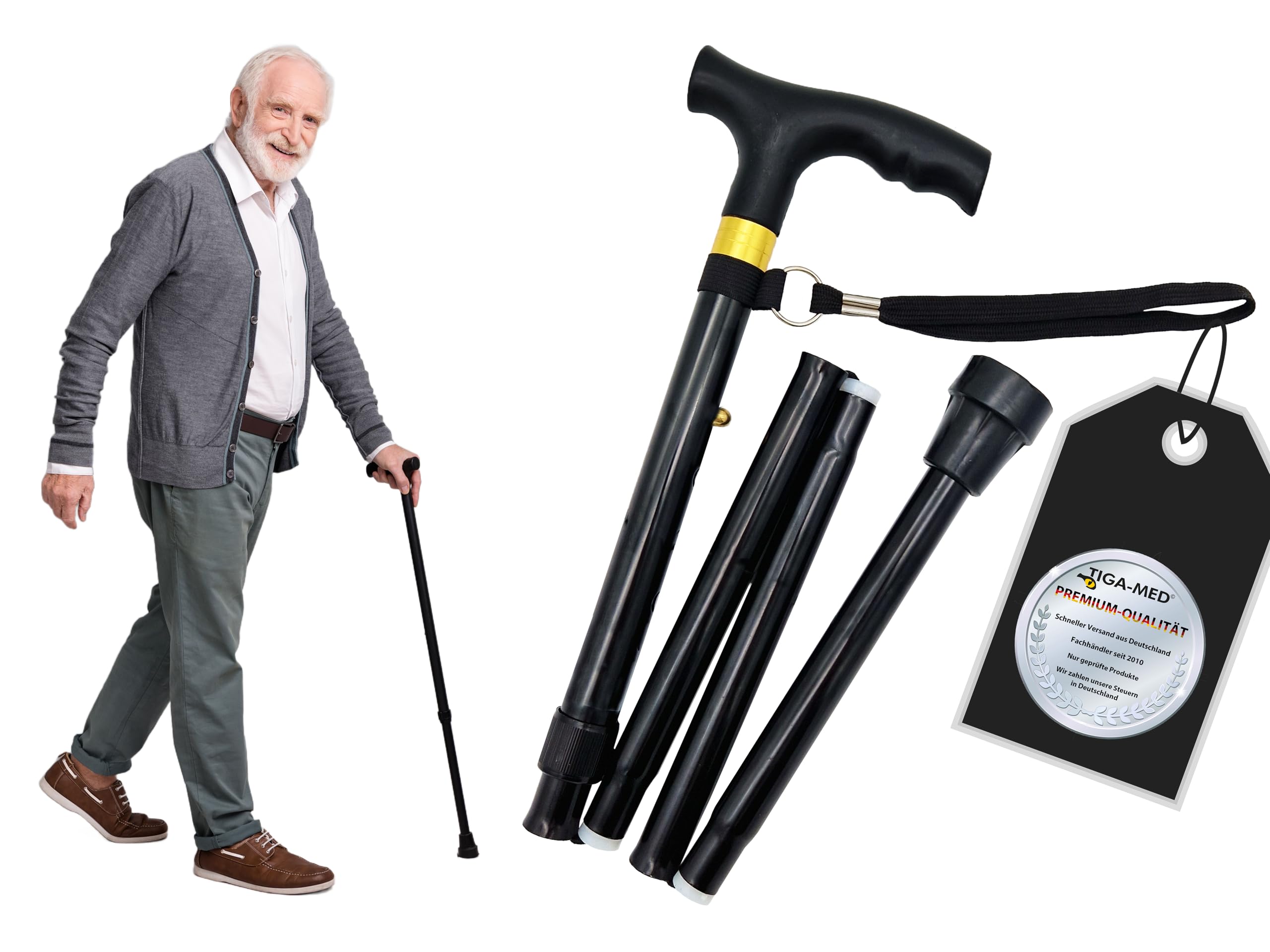 Adjustable Aluminium Folding Black Walking Stick TIGA-MED Pole 83-94cm