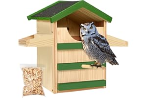 HAFTKD Screech Owl House, Wooden Owl Nesting Box with Bird Stand, Large Opening, Mounting Screws, and Wood Shavings for Outside Backyard