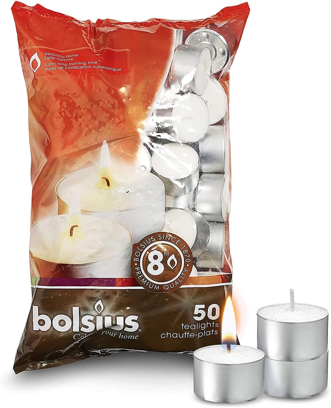 Bolsius 8 Hour Burning Tealights, Pack of 50, White, 7x18x32 cm, Unscented