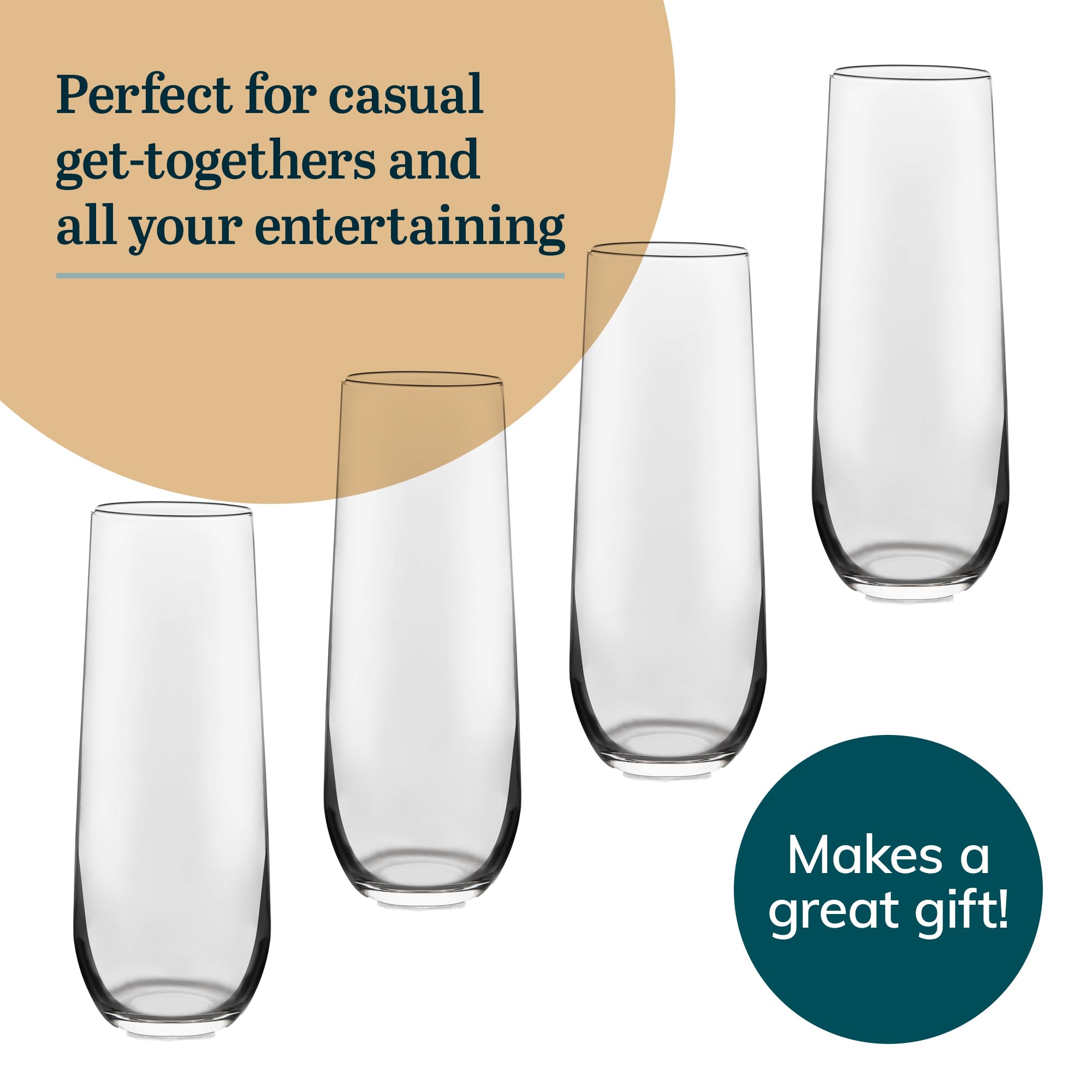 Libbey 228 Stemless Champagne Flutes Glass, 8.5 Oz 12 Piece Elegant Fluted Glassware, Clear Flutes Champagne Glass