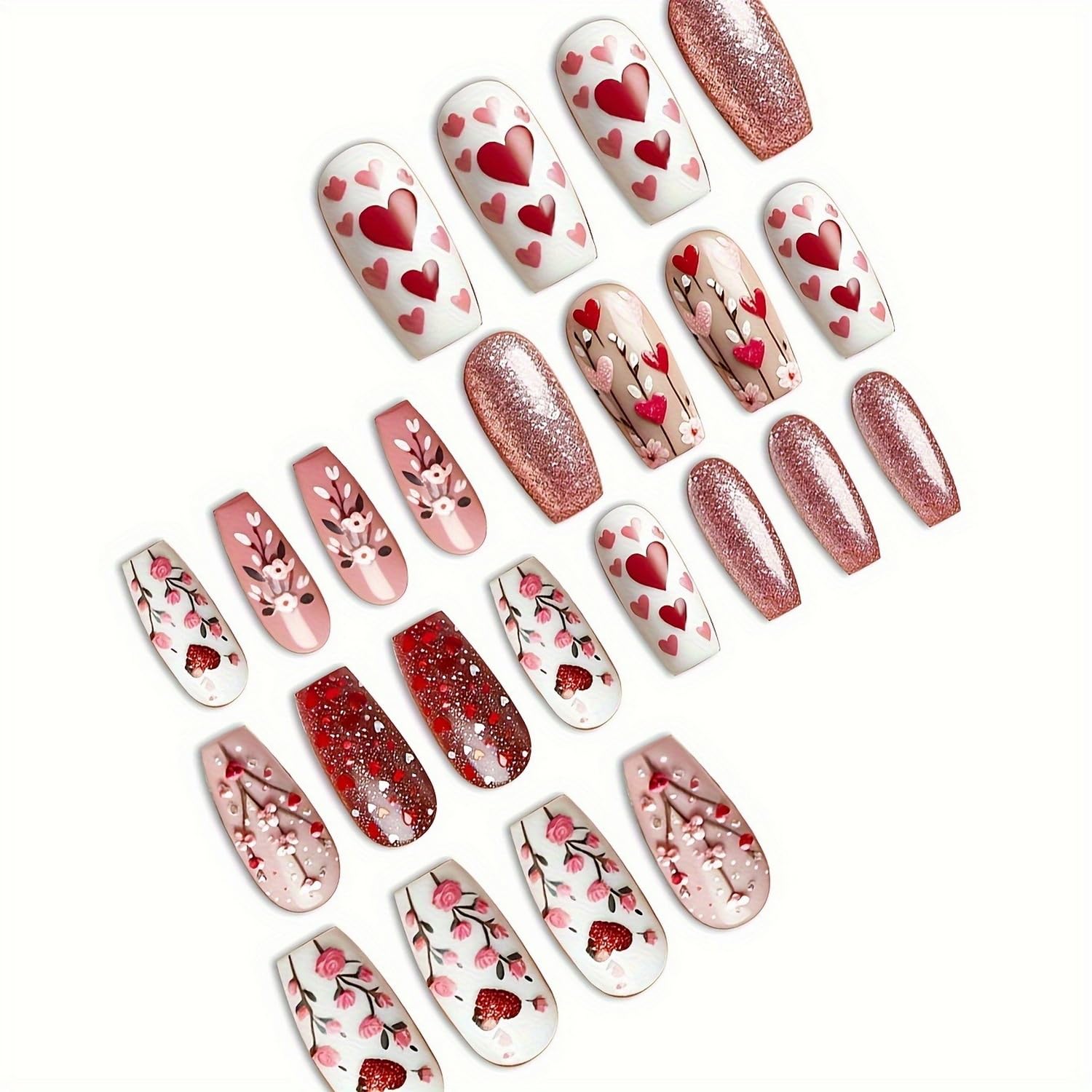 24 Pcs Valentines Glitter Press on Nails Glossy Fake Nails Red Heart and Flowers Design Medium Coffin False Nails Sparkly Full Cover Stick on Nails Valentines Nails for Women DIY Manicure Decor - Image 6